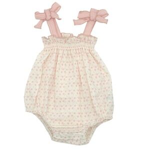 Snug Floral Bubble Romper Baby Girl Pink Smocked Bow Straps 3-6M